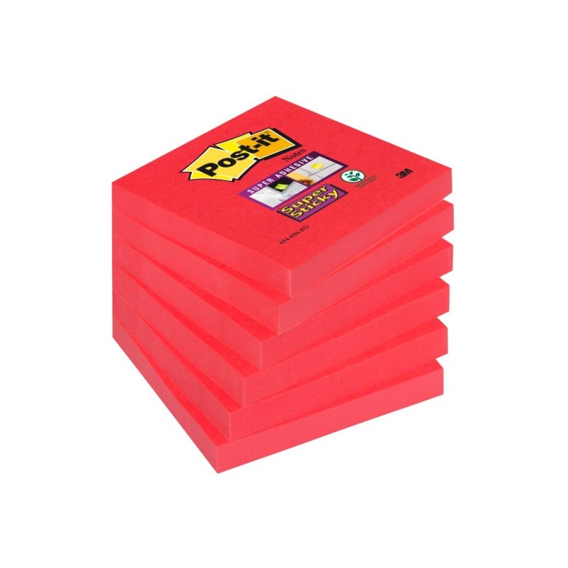 Bloczek samoprzylepny 654-6SS-PO Post-it® Super Sticky, czerwień, 6 sztuk po 90 kartek, 76x76 mm