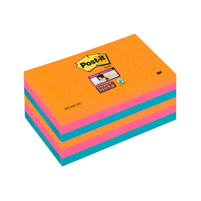 Bloczek samoprzylepny 655-6SS-EG Post-it® Super Sticky, iskrzące kolory, 6 sztuk po 90 kartek, 76x127 mm
