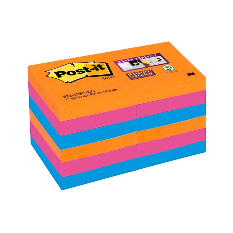 Bloczek samoprzylepny 622-12SS-EG Post-it® Super Sticky, iskrzące kolory, 12 sztuk po 90 kartek, 51x51 mm