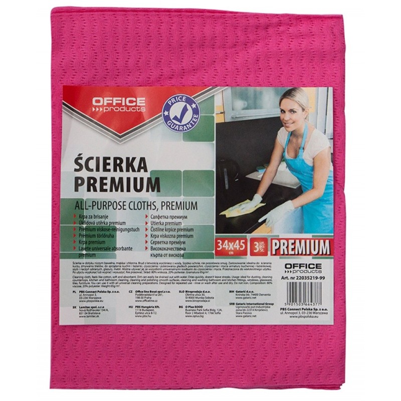 Ścierka premium OFFICE PRODUCTS, wiskoza 80%, gr. 65g/mkg, 34x45cm, 3szt., mix kolorów