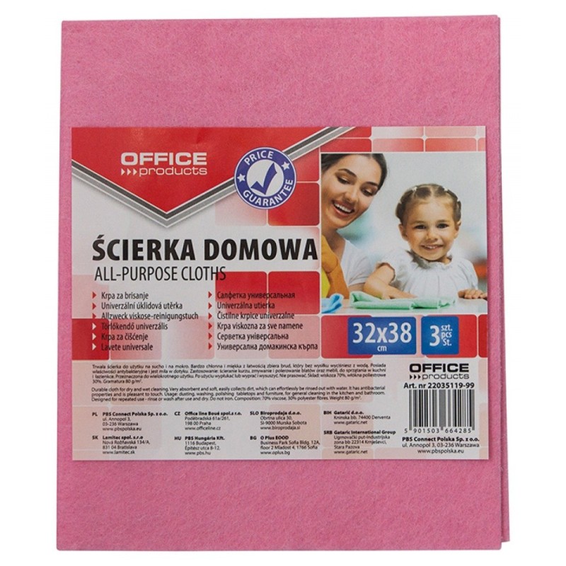 Ścierka domowa OFFICE PRODUCTS, wiskoza 70%, gr. 80g/mkg, 32x38cm, 3szt., mix kolorów