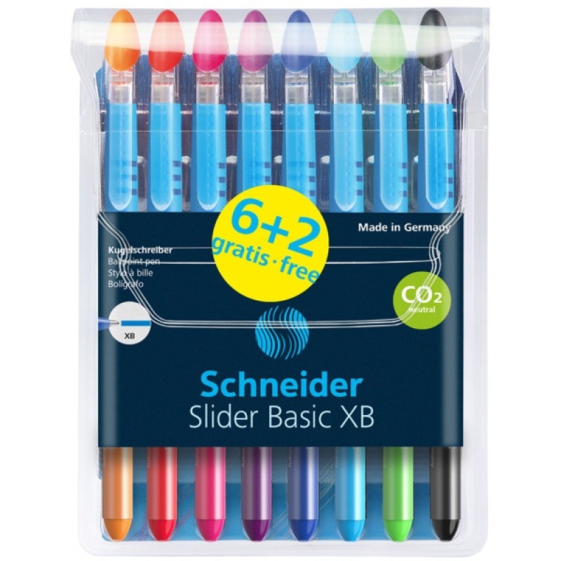 Długopis SCHNEIDER Slider Basic, XB, 6+2, etui z zawieszka, mix kolorów