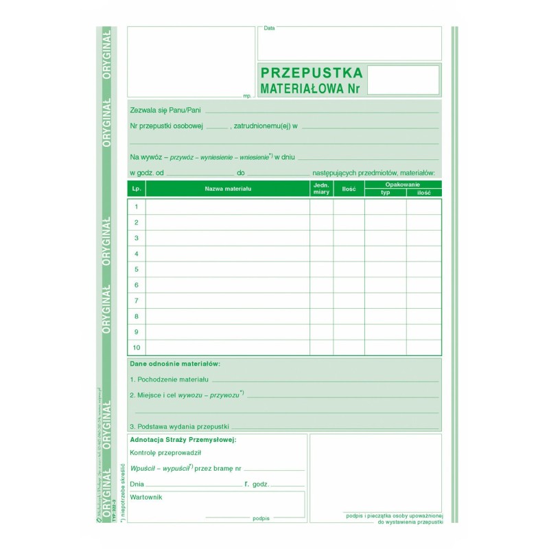 322-3 Przepustka materiałowa A5 0+1k MICHALCZYK i PROKOP