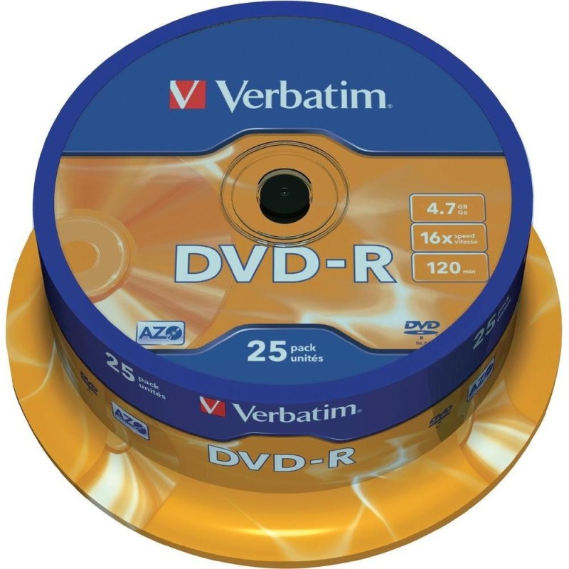 Płyta DVD-R VERBATIM AZO, 4,7GB, prędkość 16x, cake, 25szt., srebrny mat.