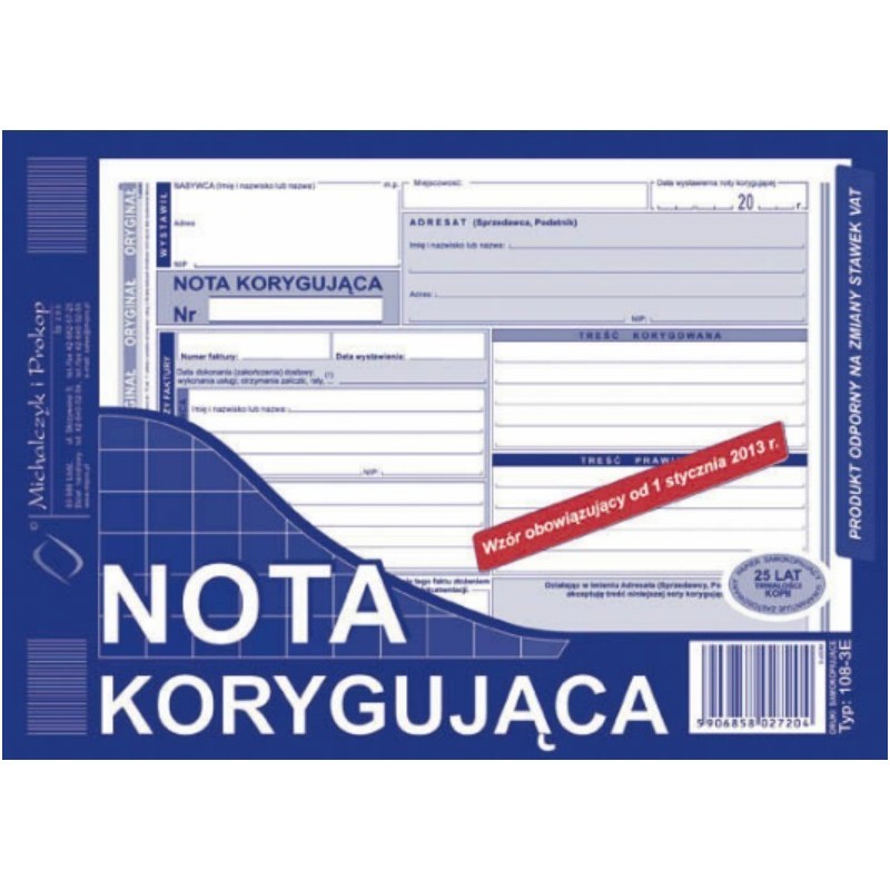 Nota korygująca VAT MICHALCZYK I PROKOP A5 80 kartek