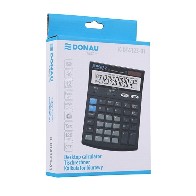 Kalkulator biurowy DONAU TECH, 12-cyfr. wyświetlacz, wym. 186x142x39 mm, czarny