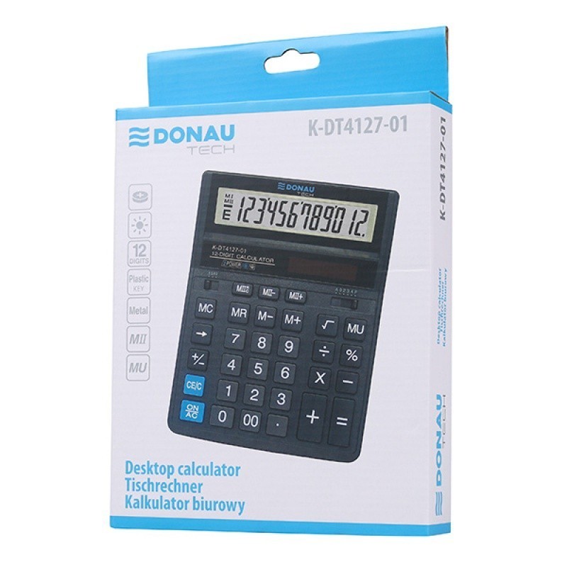 Kalkulator biurowy DONAU TECH, 12-cyfr. wyświetlacz, wym. 203x158x31 mm, czarny