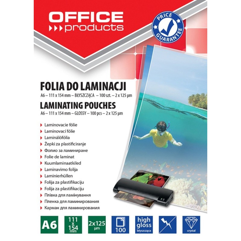 Folia do laminowania OFFICE PRODUCTS, A6, 2x125mikr., błyszcząca, 100szt., transparentna