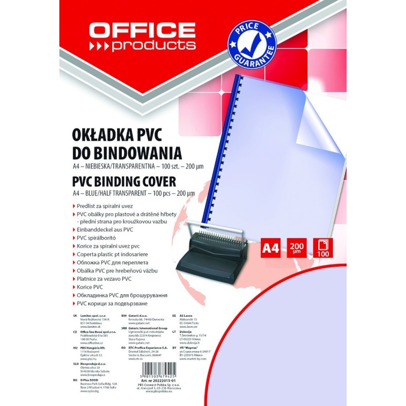 Okładki do bindowania OFFICE PRODUCTS, PVC, A4, 200mikr., 100szt., niebieskie transparentne