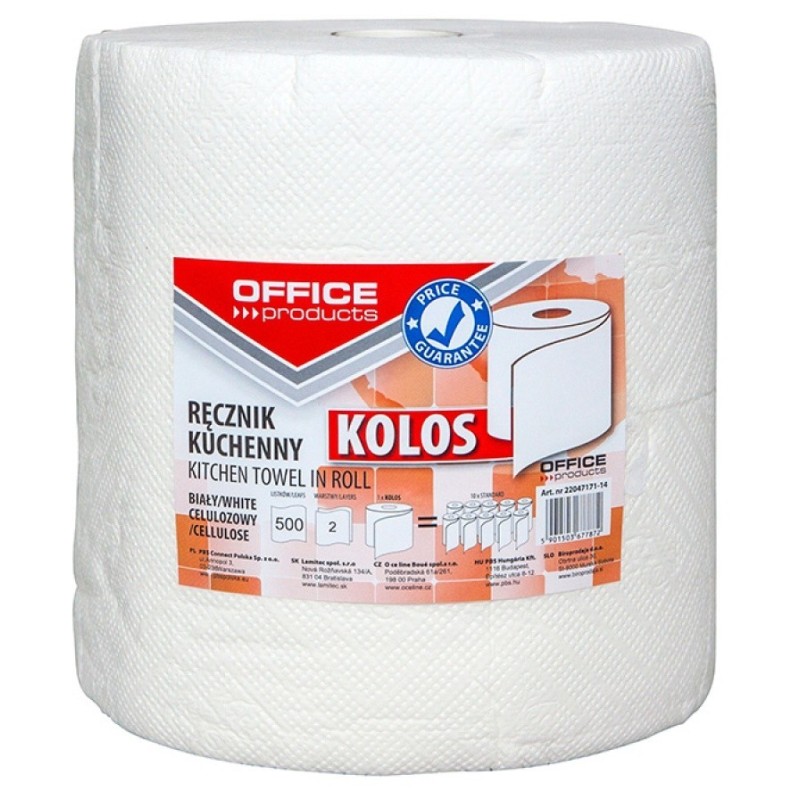 Ręczniki w roli celulozowe OFFICE PRODUCTS Kolos, 2-warstwowe, 500 listków, 100m, białe